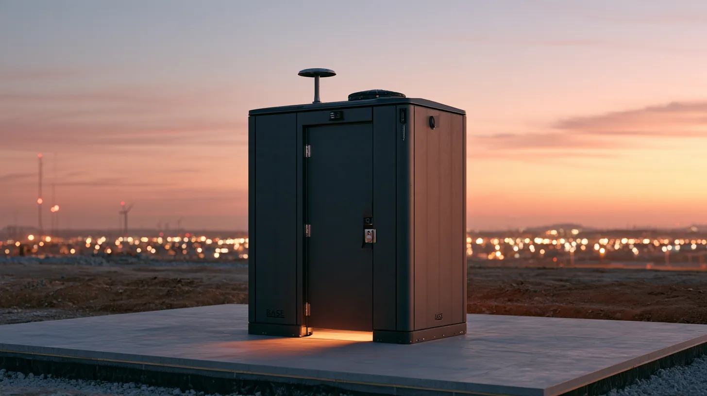 BASE portable restroom standing alone at dawn on a clean construction site