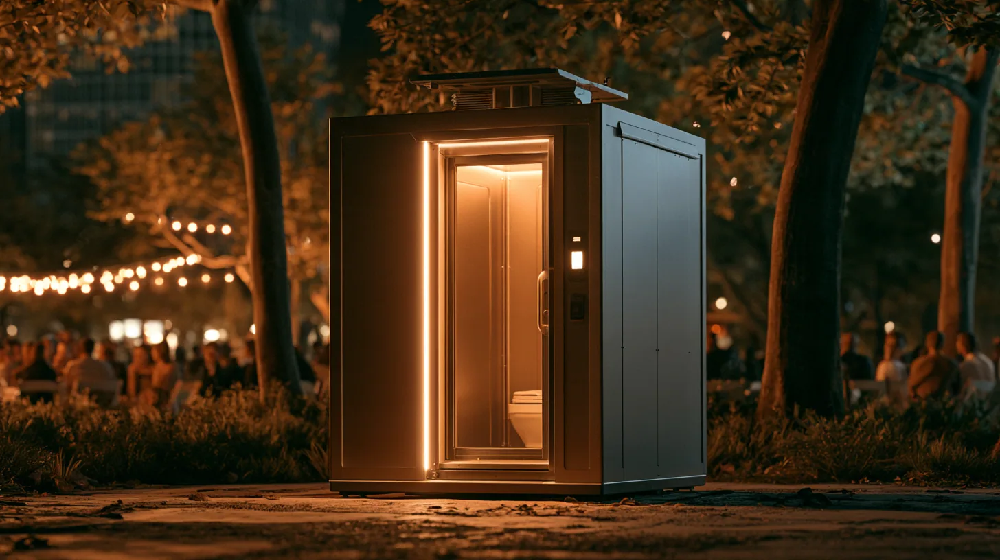 BASE portable restroom at night at an outdoor event with warm interior glow
