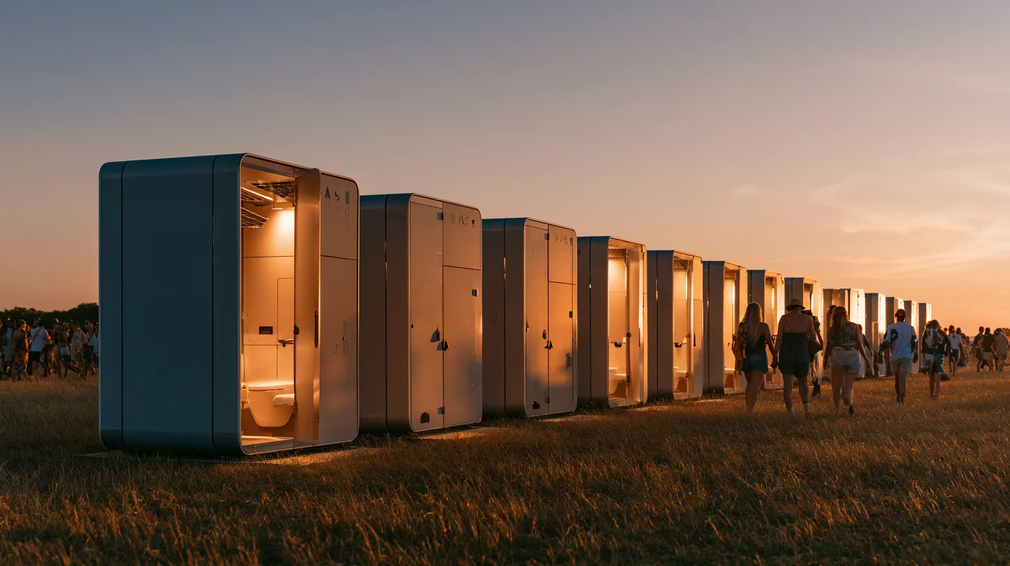 Row of BASE restrooms at an evening festival