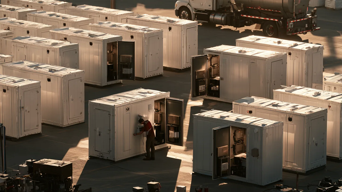 Fleet of BASE restrooms being serviced at a commercial facility