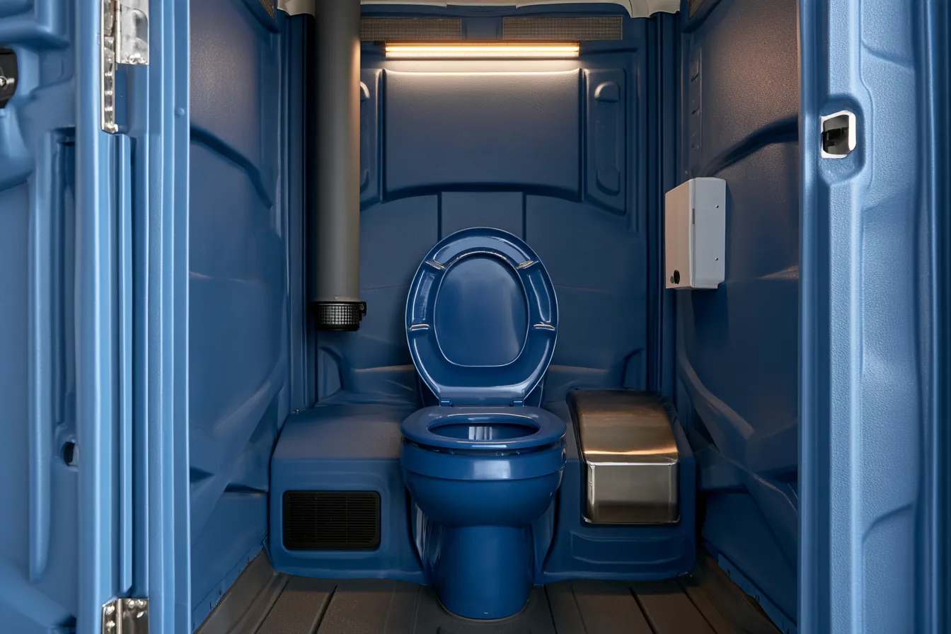 The same blue portable toilet interior after a BASE retrofit: low intake grille, exhaust duct, stainless pedal unit, light strip and wall service panel