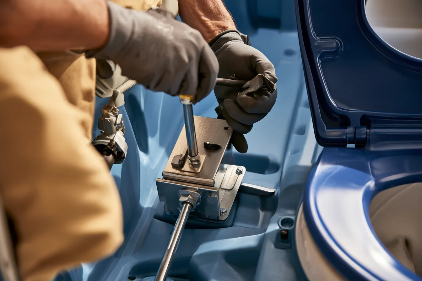 Technician bolting a stainless foot pedal flush module and linkage to the floor of an existing portable toilet