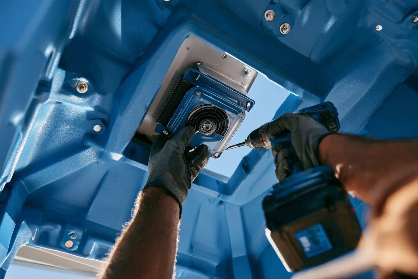 Technician fitting a BASE roof exhaust module with a drill into an existing portable toilet roof, seen from inside