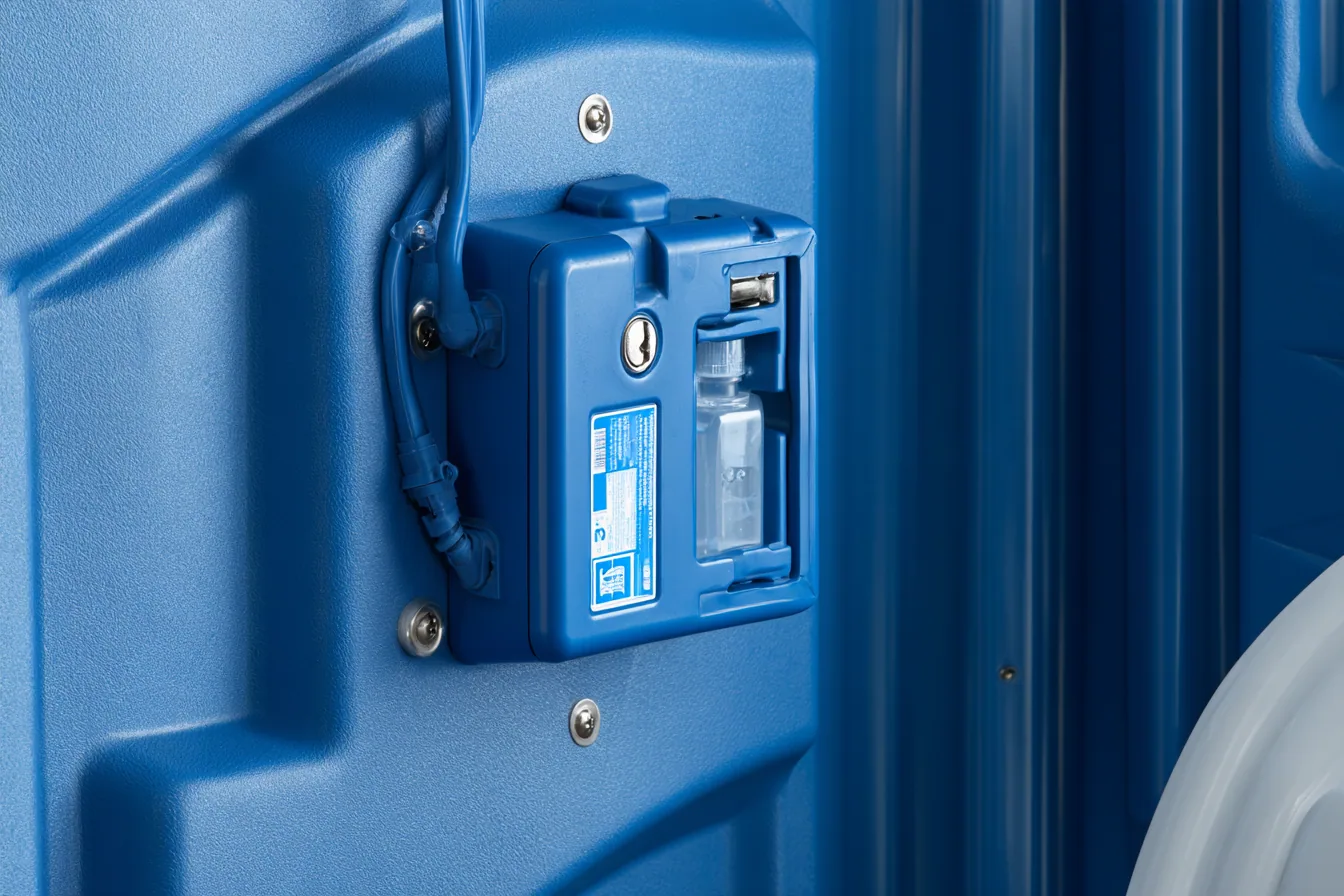 BASE keyed service module with battery and sanitizer cartridge mounted on an existing portable toilet wall